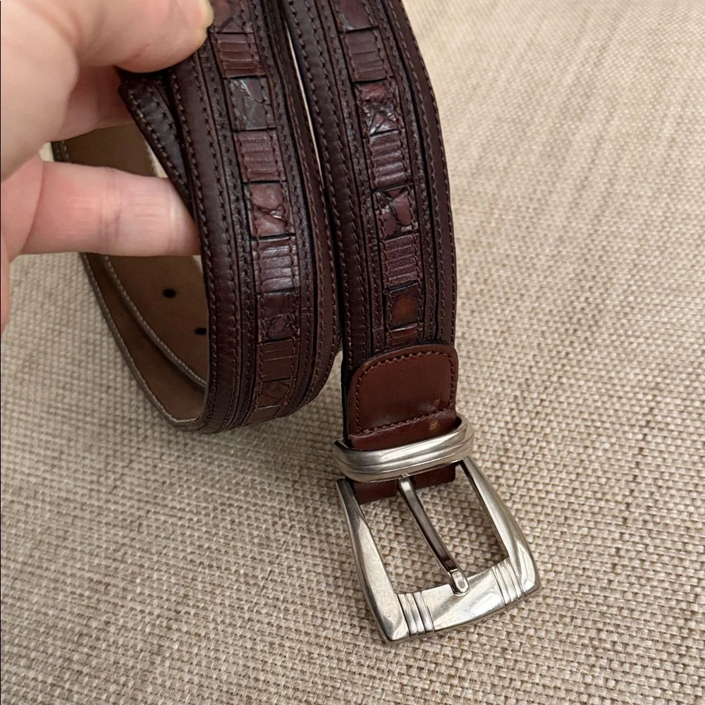 MEZLAN Crocodile Belt 1.25 Brown Exotic Leather Silver Buckle Western Dress Flaw